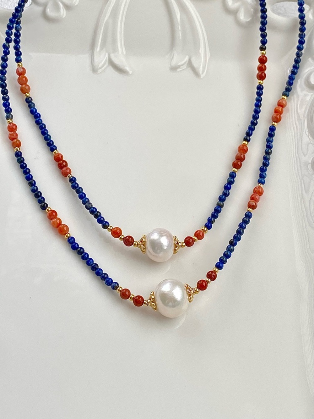 GP59-Lapis Lazuli, Red Agate And Edison Pearl Necklace